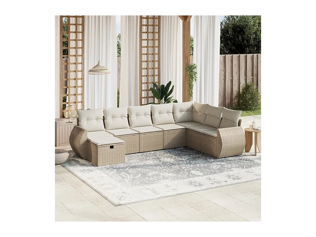 8 pcs conjunto de sofás p/ jardim com almofadões vime PE bege