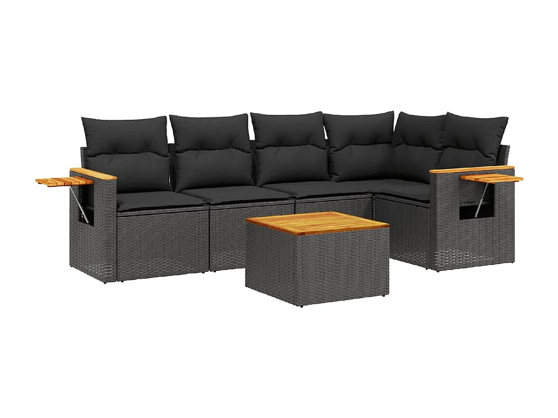 Set Divano da Giardino 6 pz con Cuscini Nero in Polyrattan