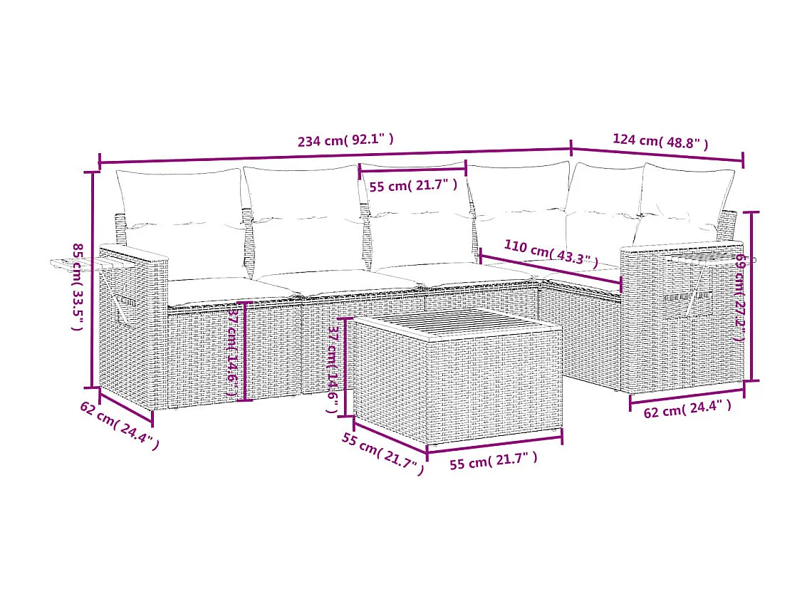 6-tlg. Garten-Sofagarnitur mit Kissen Schwarz Poly Rattan