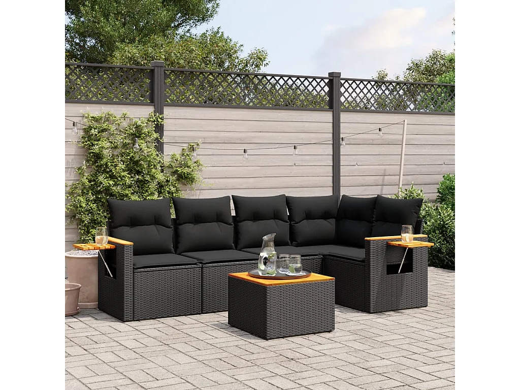 Set Divano da Giardino 6 pz con Cuscini Nero in Polyrattan