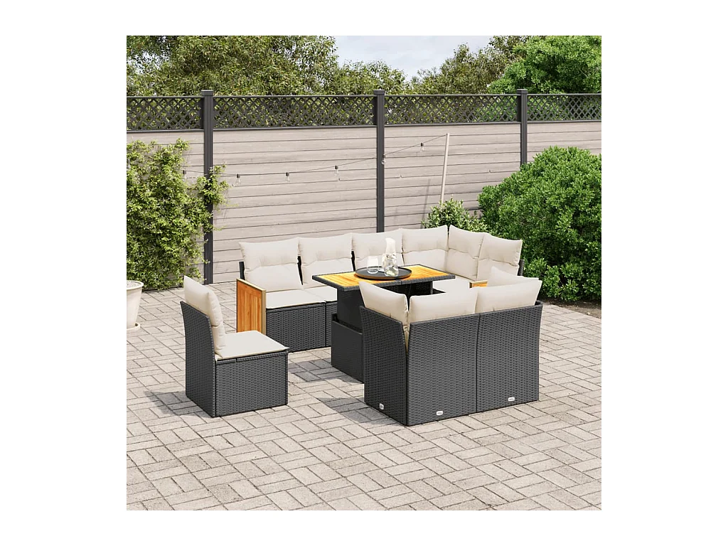 Salon de jardin 9 pcs avec coussins noir résine tressée