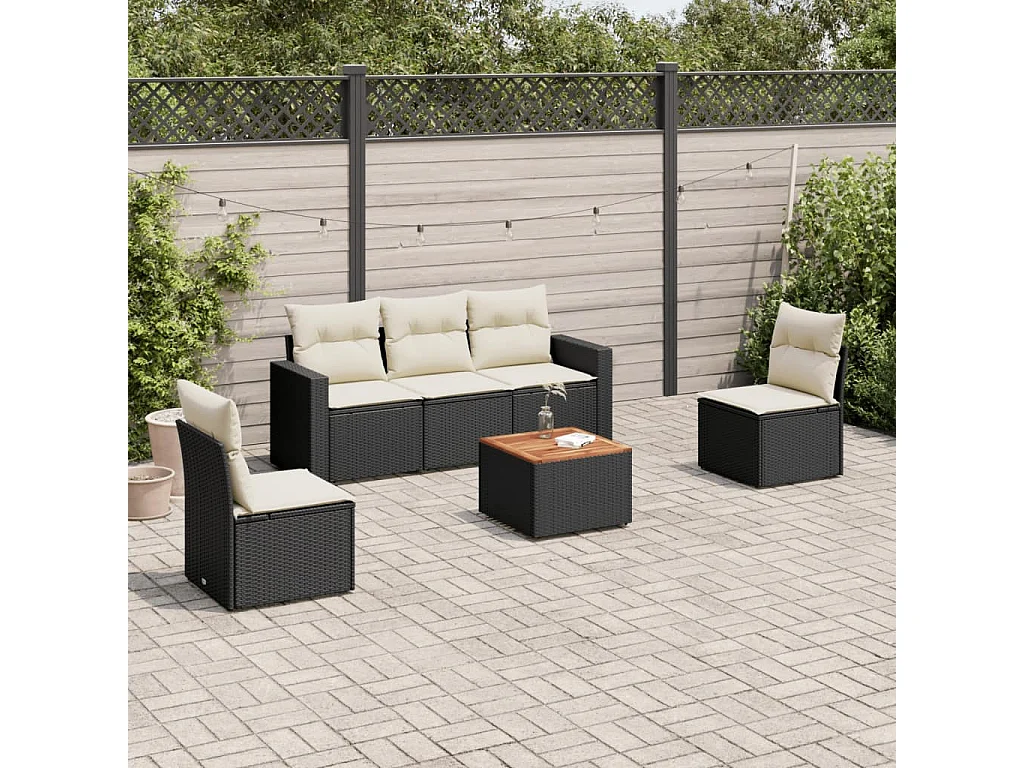 Salon de jardin 6 pcs avec coussins noir résine tressée