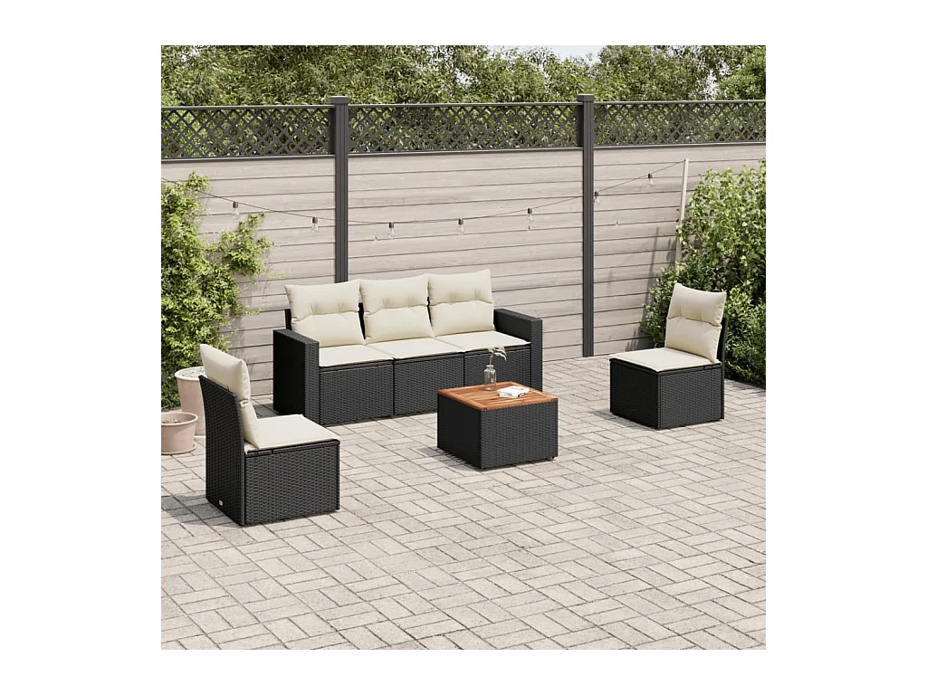Salon de jardin 6 pcs avec coussins noir résine tressée