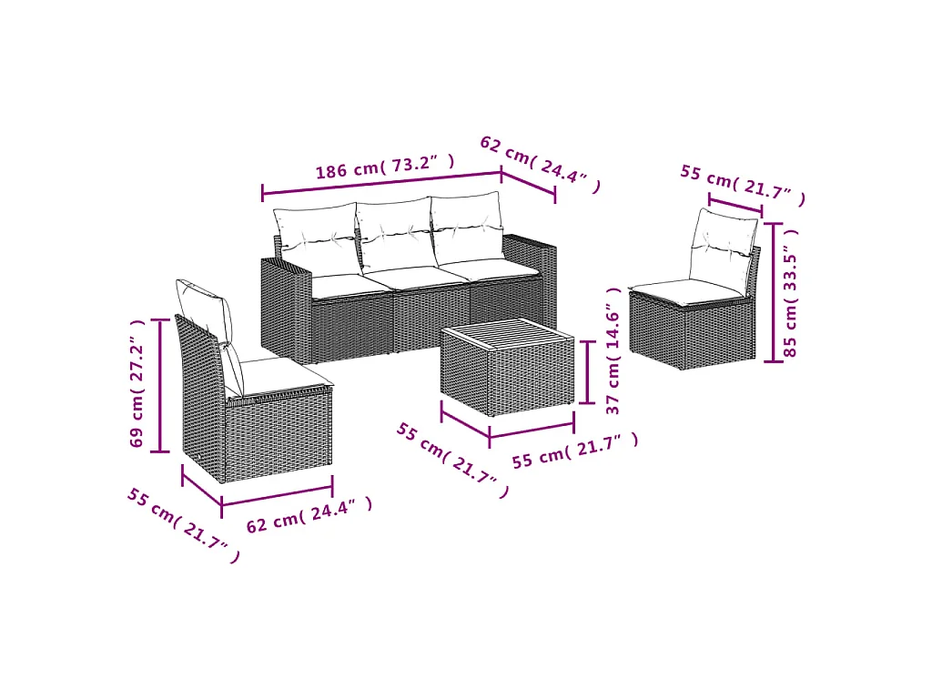 Salon de jardin 6 pcs avec coussins noir résine tressée