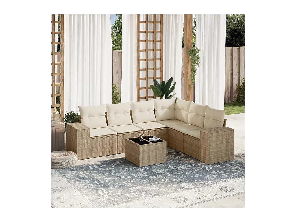 7-tlg. Garten-Sofagarnitur mit Kissen Beige Poly Rattan