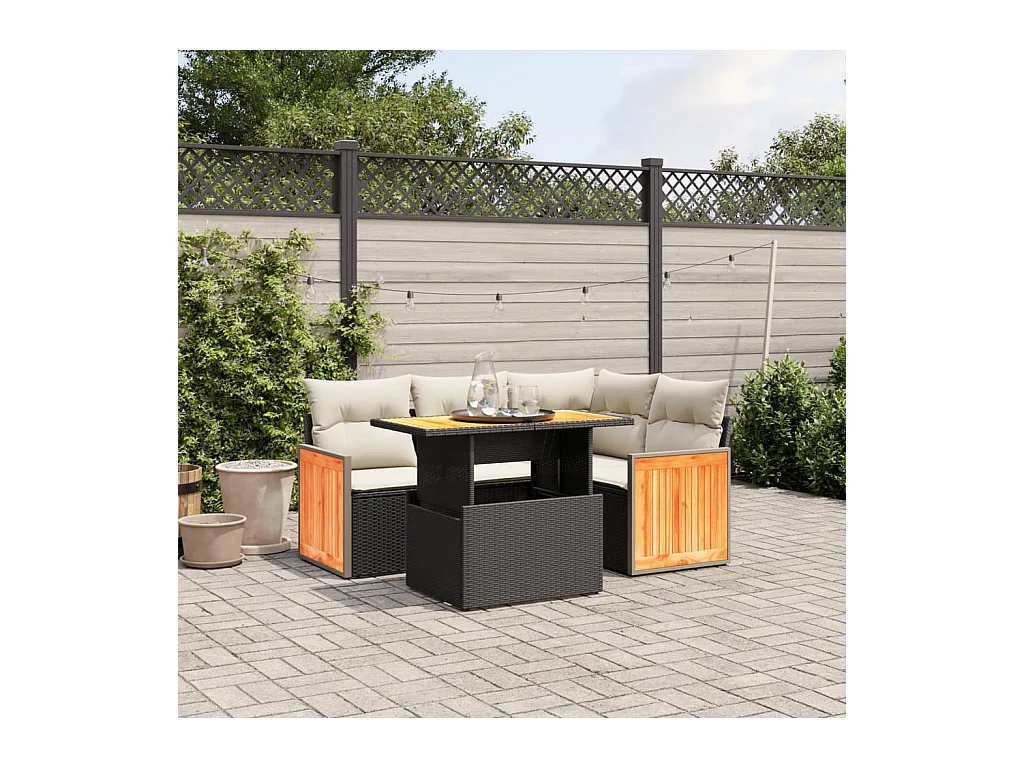 Salon de jardin 5 pcs avec coussins noir résine tressée