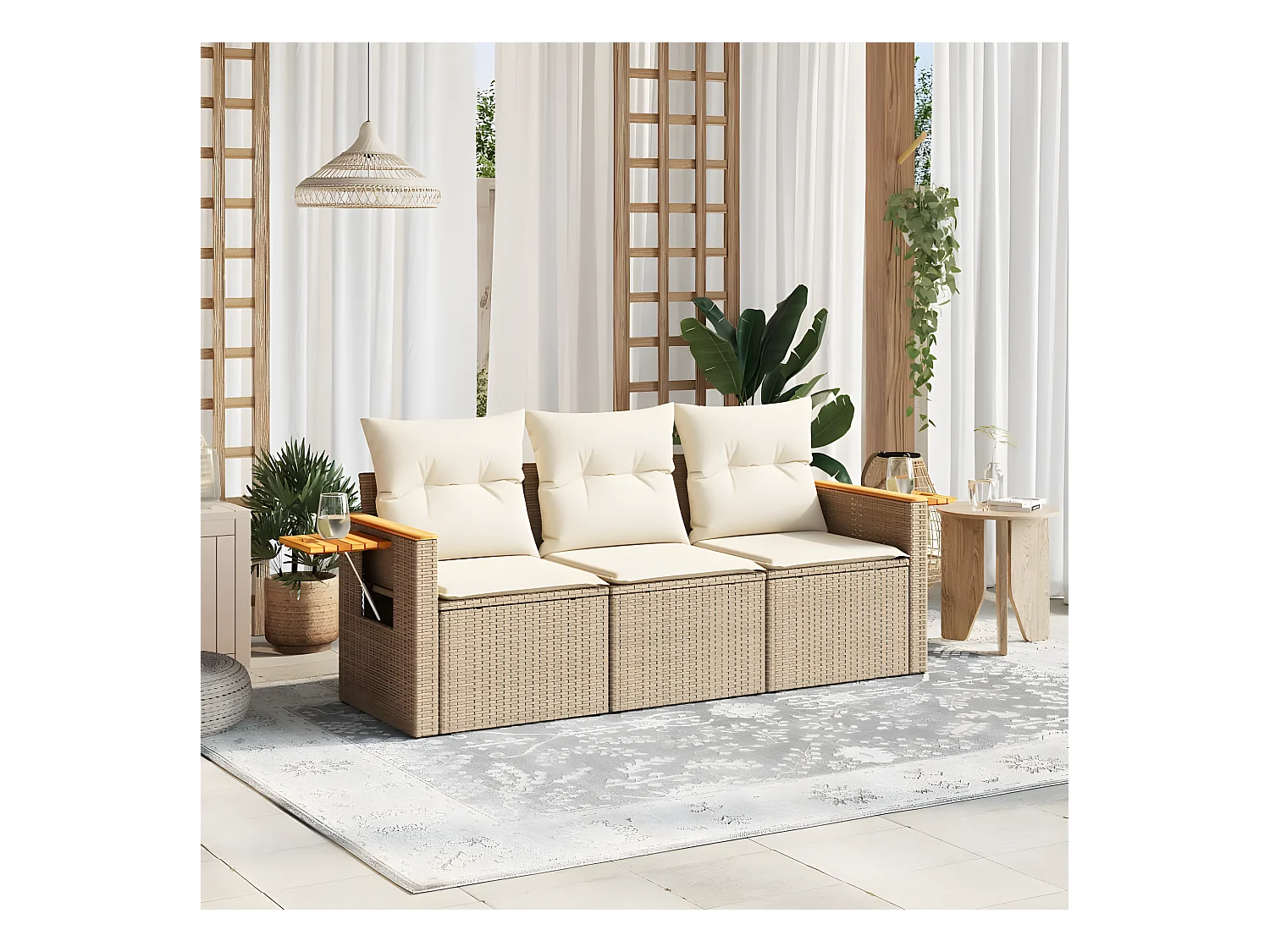 Salon de jardin avec coussins 3 pcs beige résine tressée