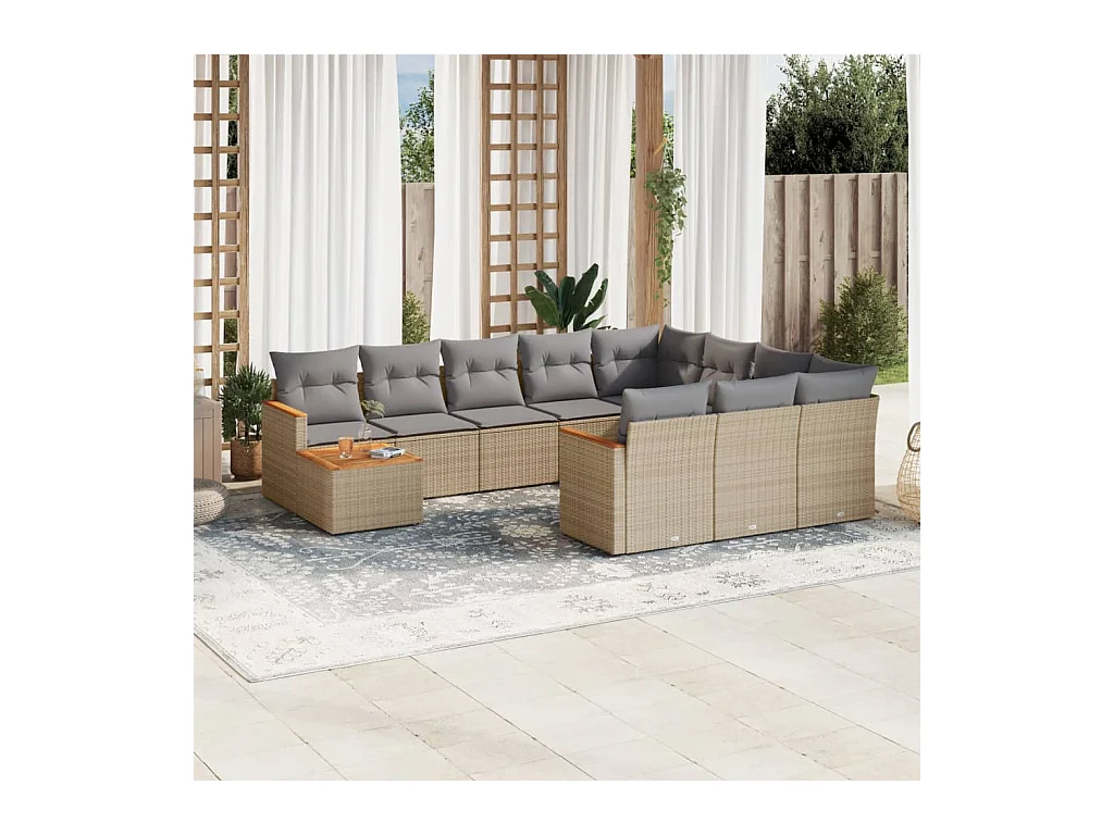 Salon de jardin 11 pcs avec coussins beige résine tressée