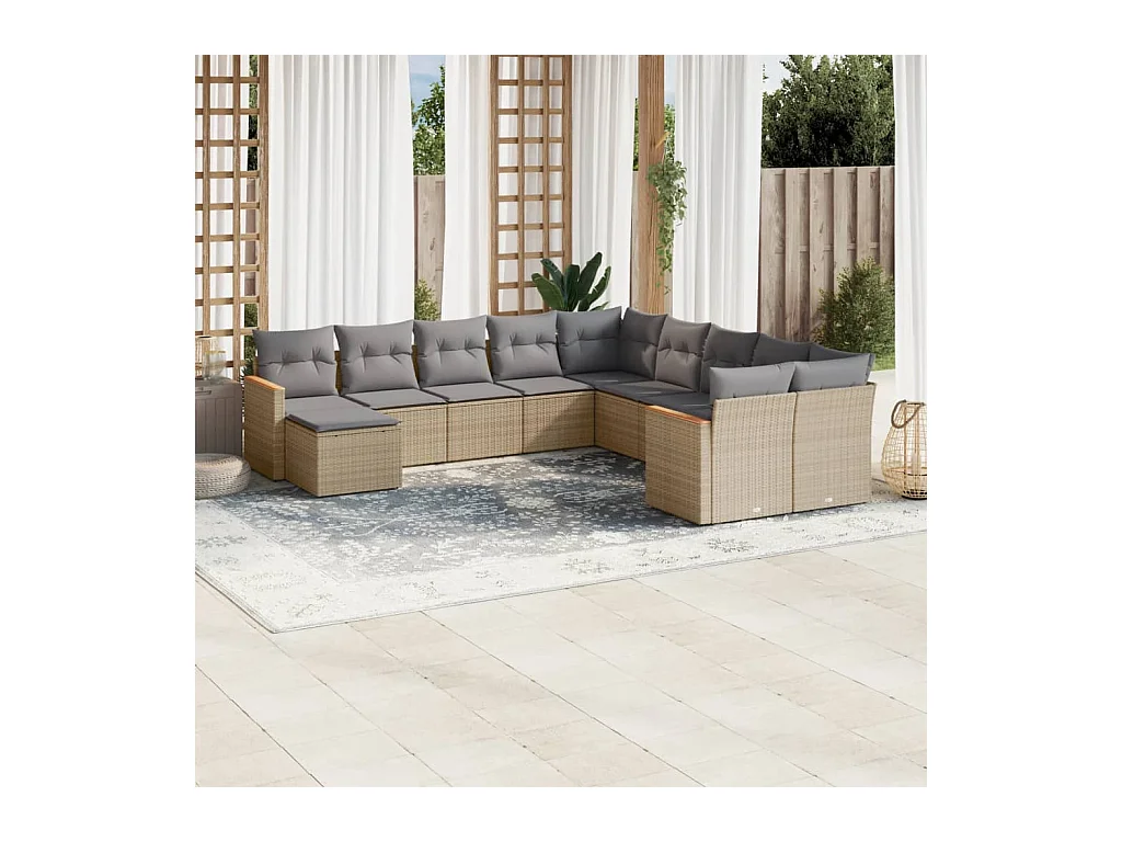 Salon de jardin et coussins 11 pcs mélange beige résine tressée
