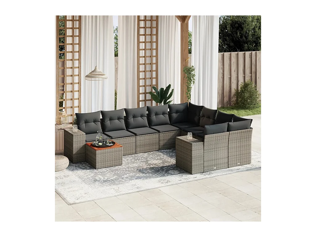 Set Divano da Giardino 10 pz con Cuscini Grigio in Polyrattan