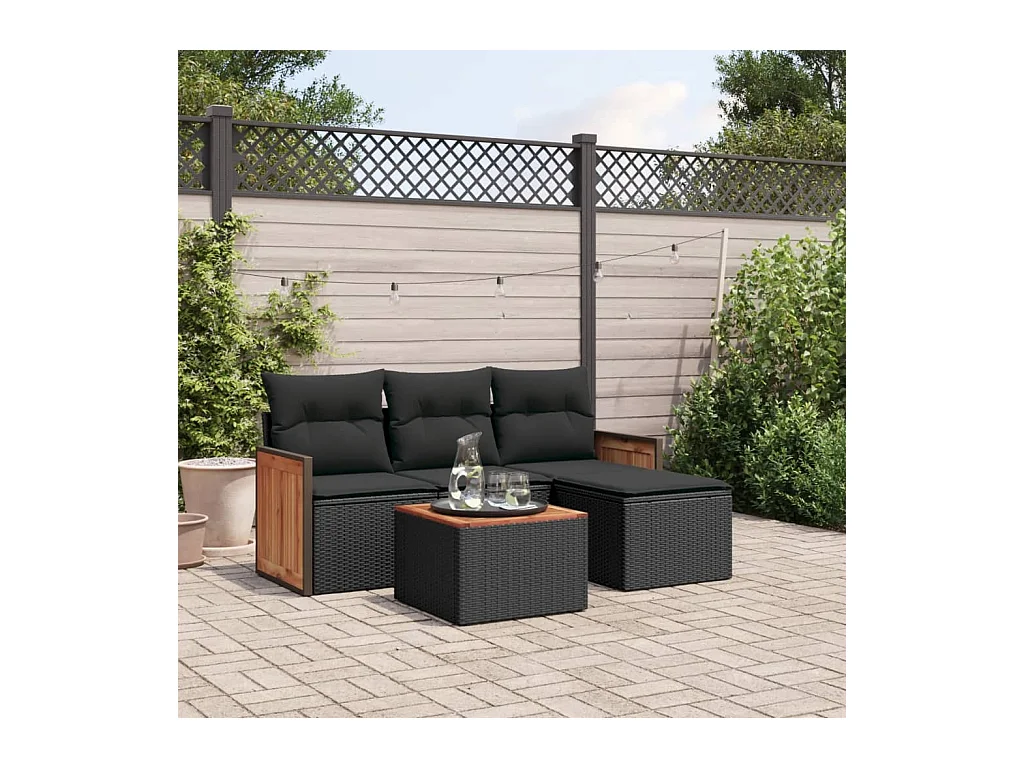5-delige Loungeset met kussens poly rattan zwart