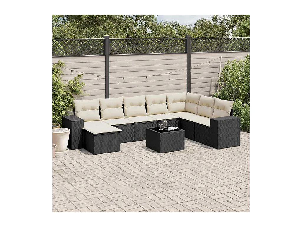 9-delige Loungeset met kussens poly rattan zwart