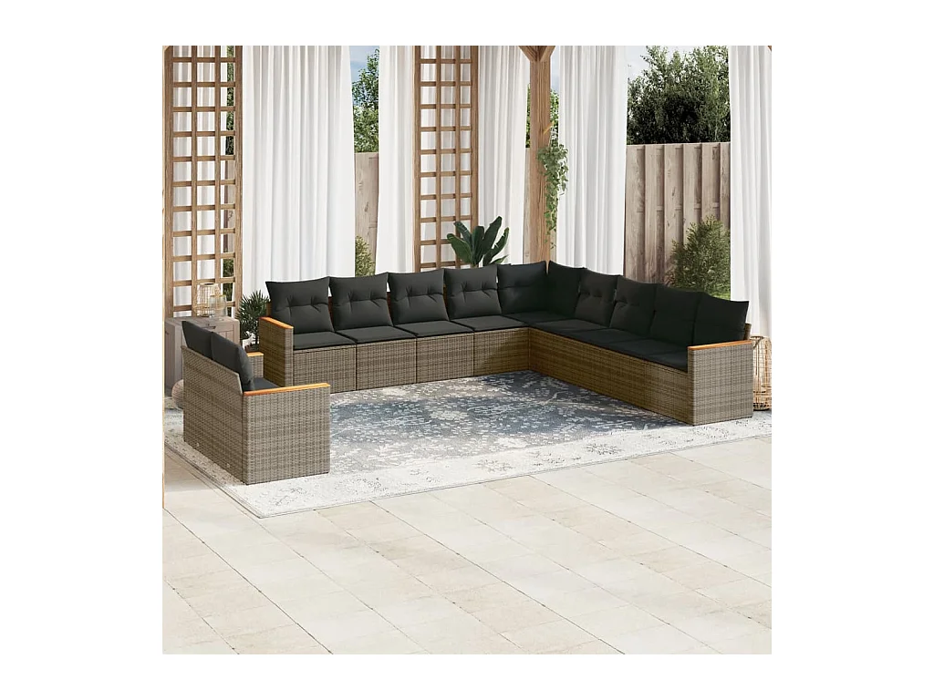 Salon de jardin 11 pcs avec coussins gris résine tressée