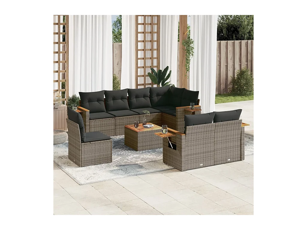 9-delige Loungeset met kussens poly rattan grijs