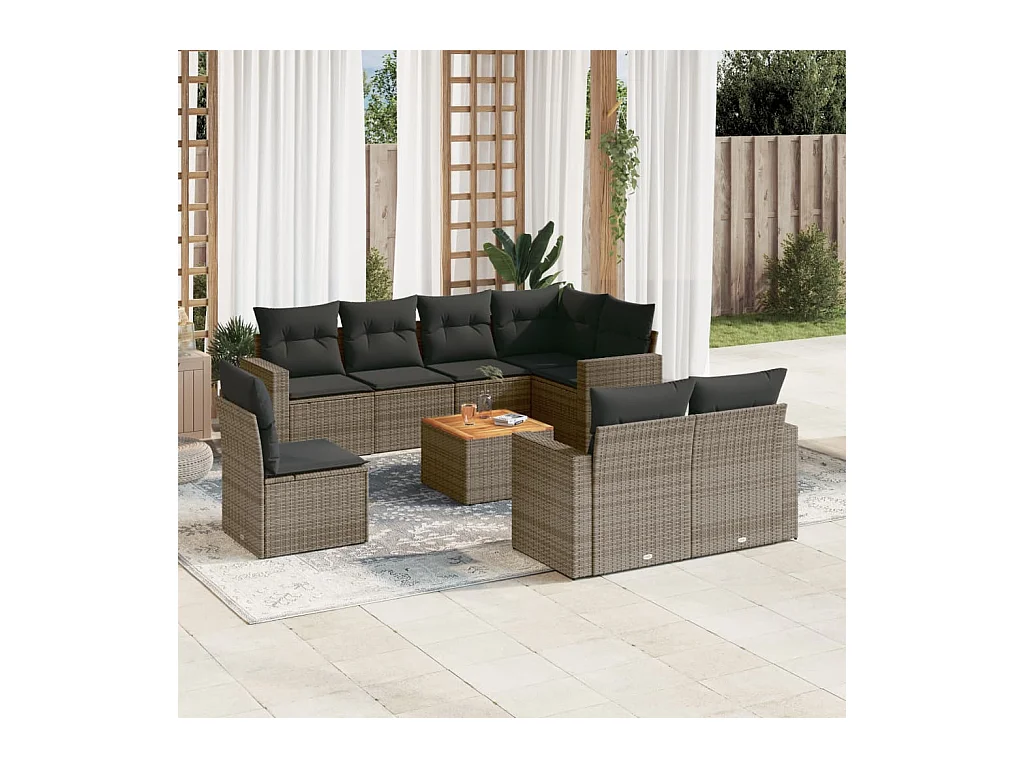 Set Divano da Giardino 9 pz con Cuscini Grigio in Polyrattan