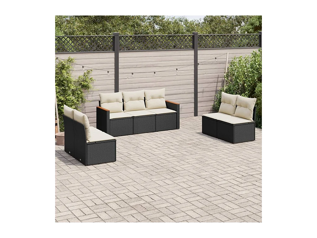 7-delige Loungeset met kussens poly rattan zwart