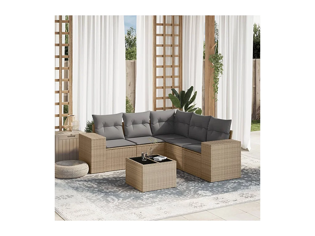 6-tlg. Garten-Sofagarnitur mit Kissen Beige Poly Rattan