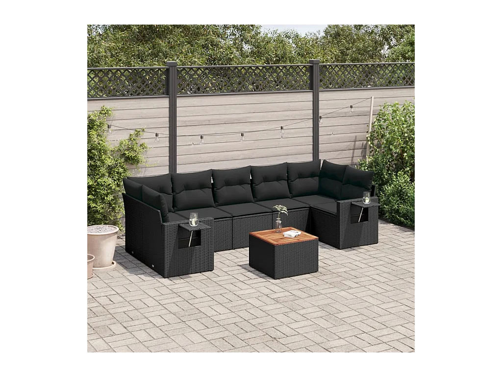 8-delige Loungeset met kussens poly rattan zwart