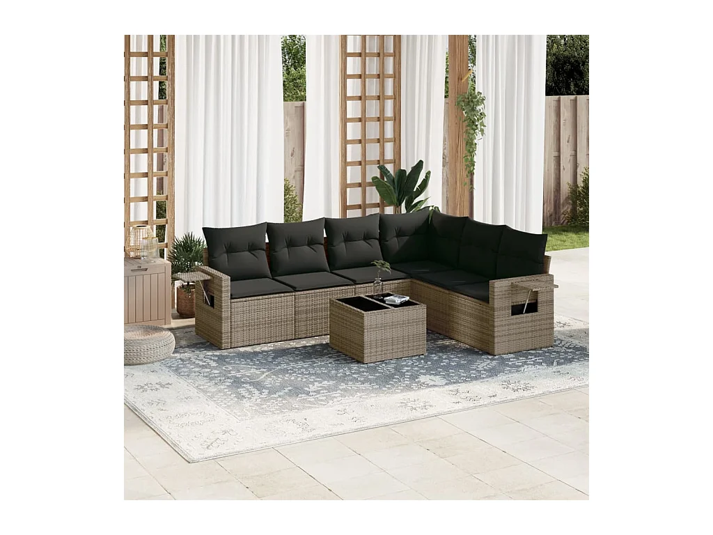 Set Divani da Giardino 7 pz con Cuscini Grigio in Polyrattan
