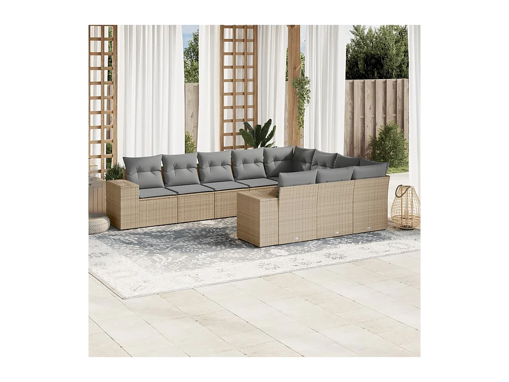 Salon de jardin avec coussins 10 pcs beige résine tressée