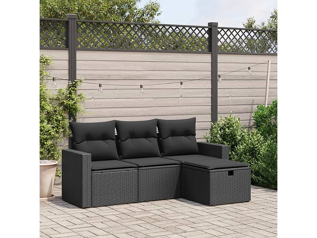 4-delige Loungeset met kussens poly rattan zwart