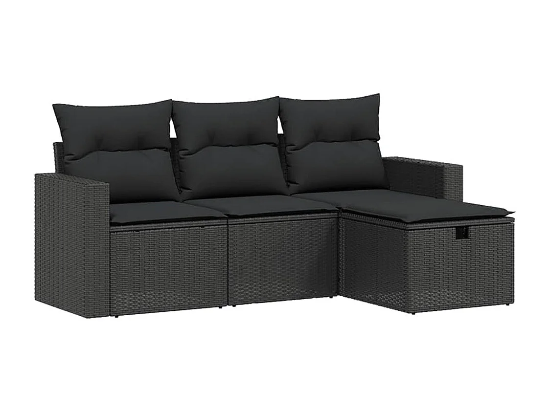 4-delige Loungeset met kussens poly rattan zwart