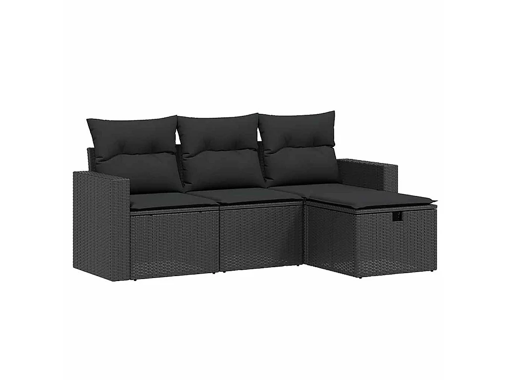 4-delige Loungeset met kussens poly rattan zwart