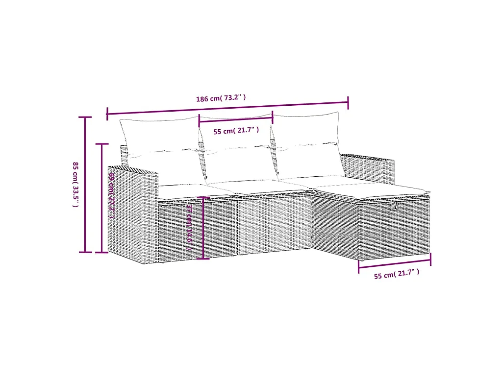 4-delige Loungeset met kussens poly rattan zwart