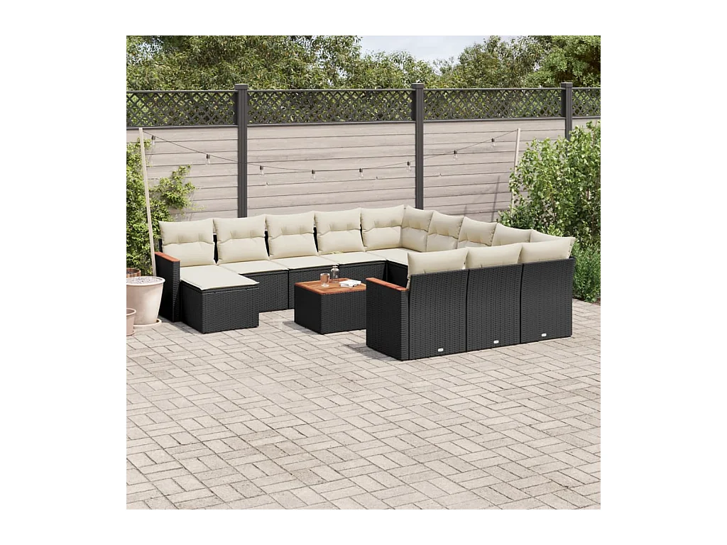 Salon de jardin avec coussins 13 pcs noir résine tressée