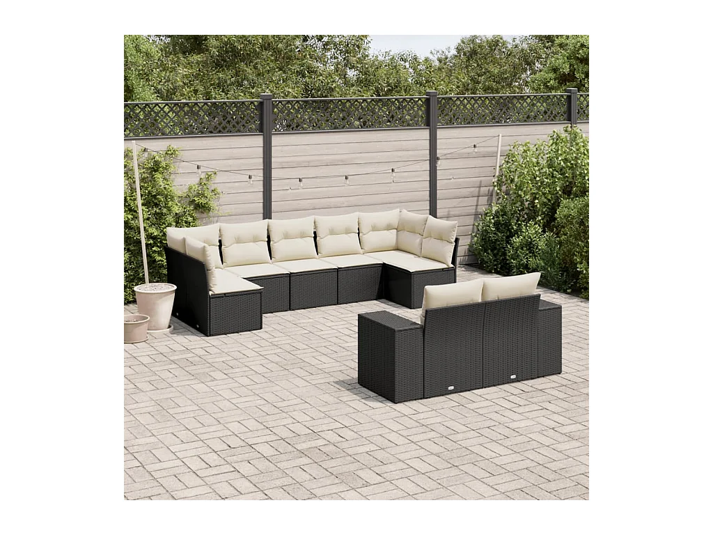 Salon de jardin 9 pcs avec coussins noir résine tressée