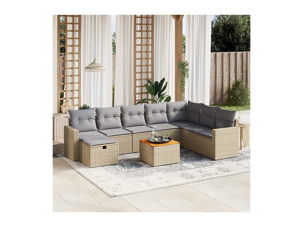 9-delige Loungeset met kussens poly rattan gemengd beige