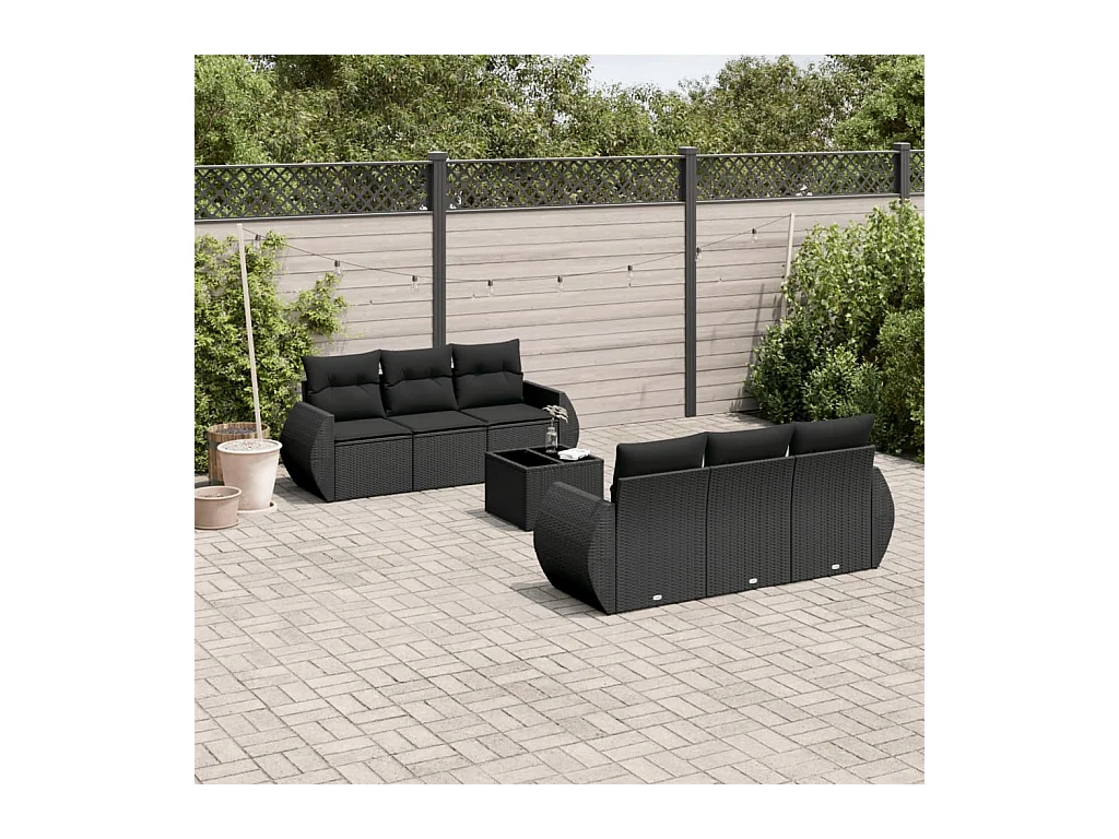 Salon de jardin 7 pcs avec coussins noir résine tressée