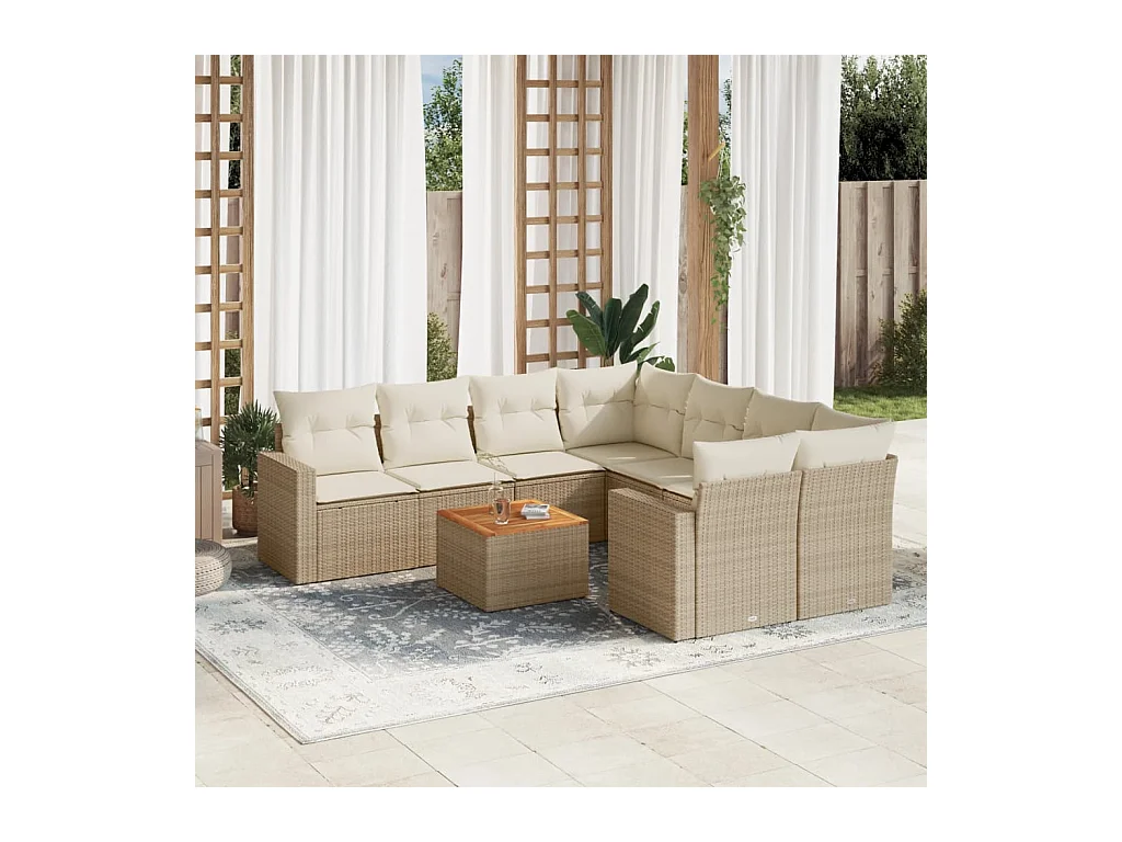 Salon de jardin avec coussins 9 pcs beige résine tressée