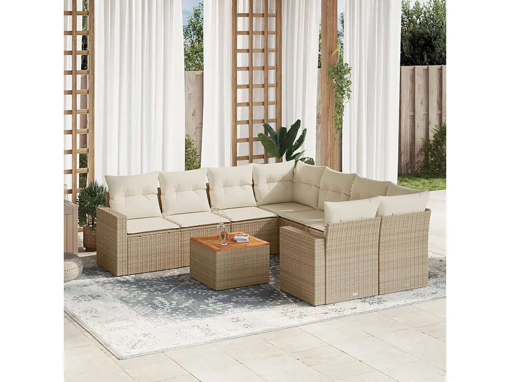 Salon de jardin avec coussins 9 pcs beige résine tressée
