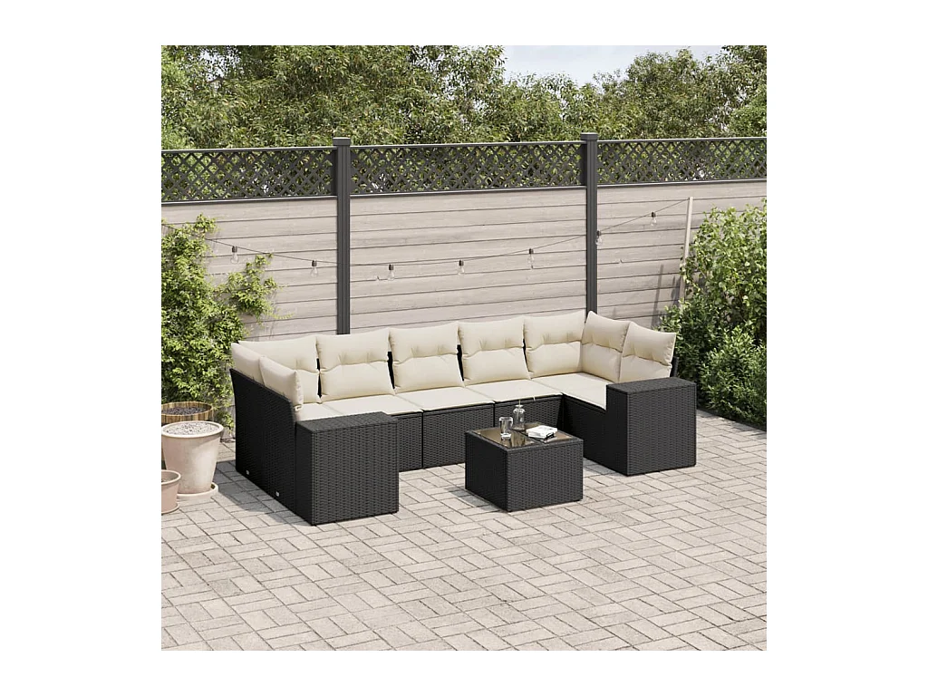 8-delige Loungeset met kussens poly rattan zwart