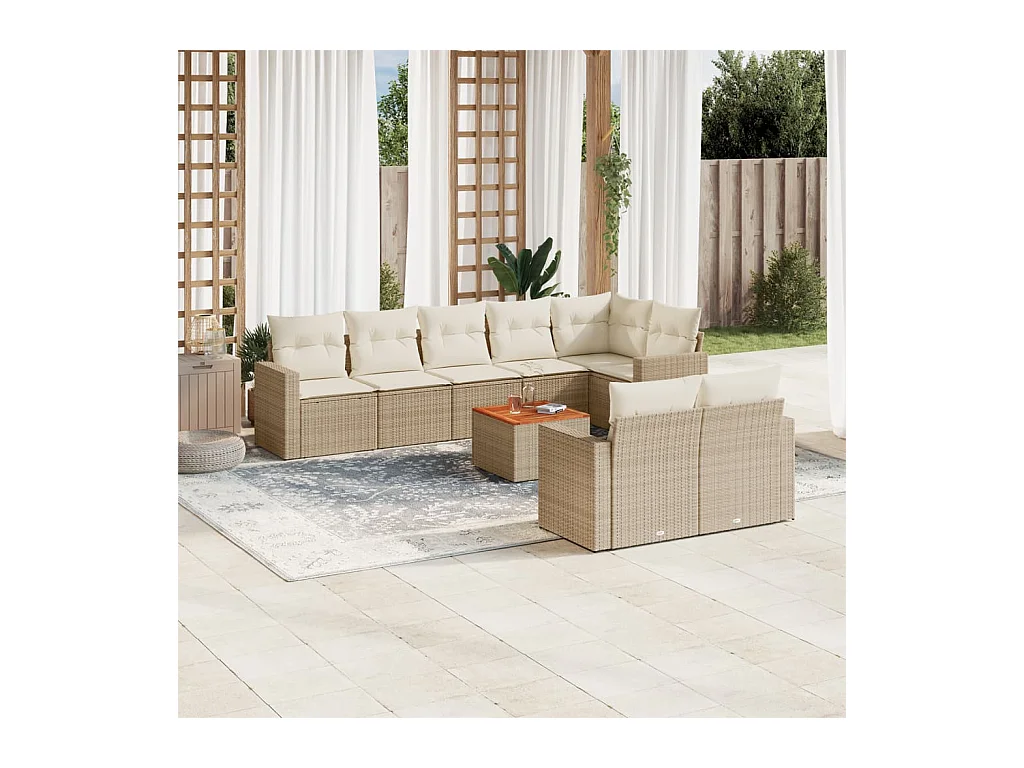 Set Divano da Giardino 9 pz con Cuscini Beige in Polyrattan