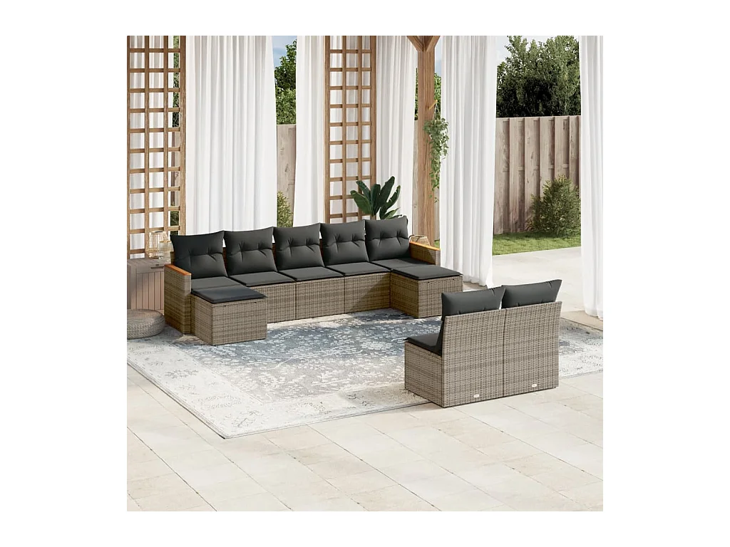 Set Divano da Giardino 9 pz con Cuscini Grigio in Polyrattan
