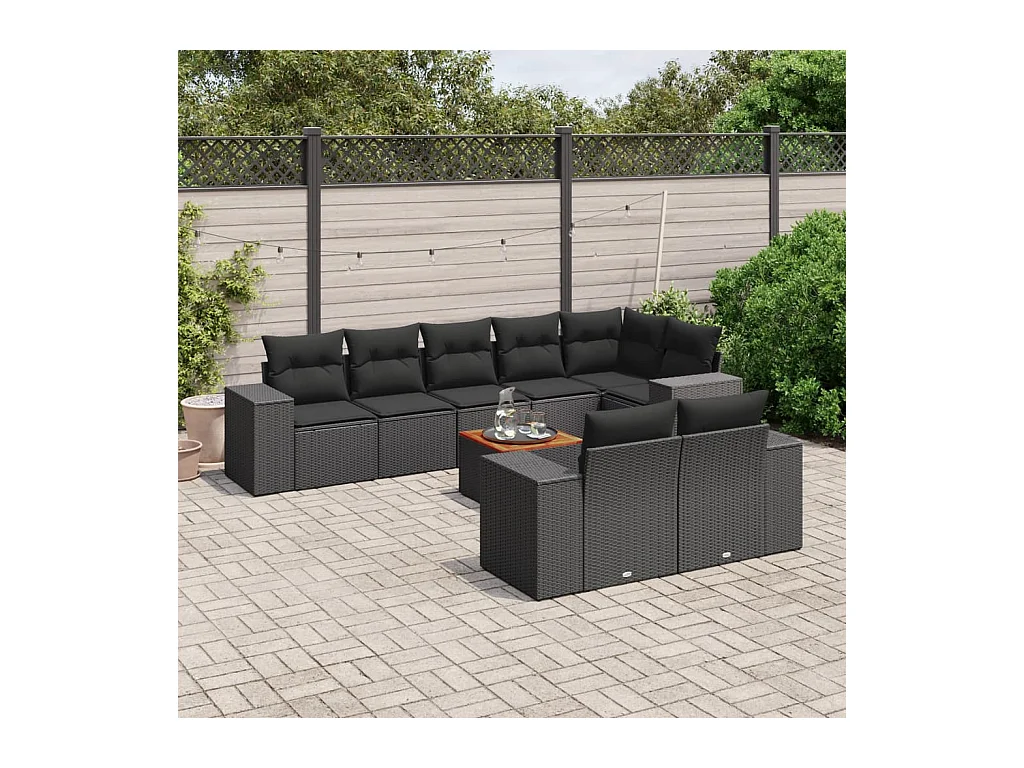 Salon de jardin 9 pcs avec coussins noir résine tressée