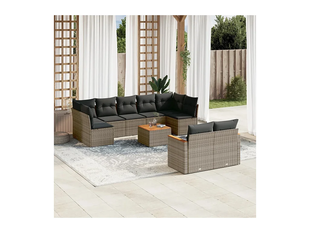 Set Divano da Giardino 10 pz con Cuscini Grigio in Polyrattan
