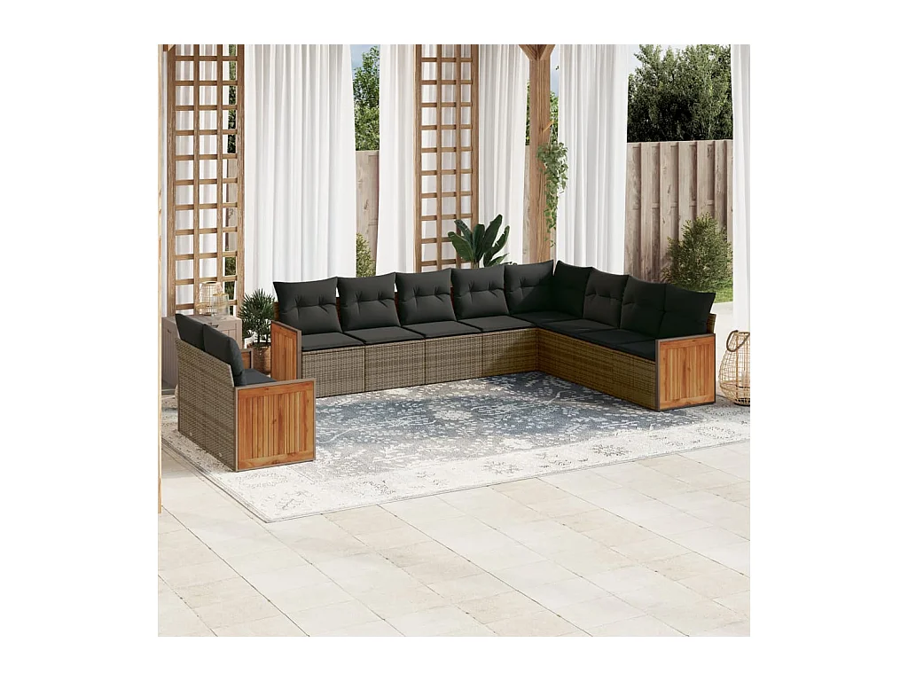 Salon de jardin avec coussins 10 pcs gris résine tressée