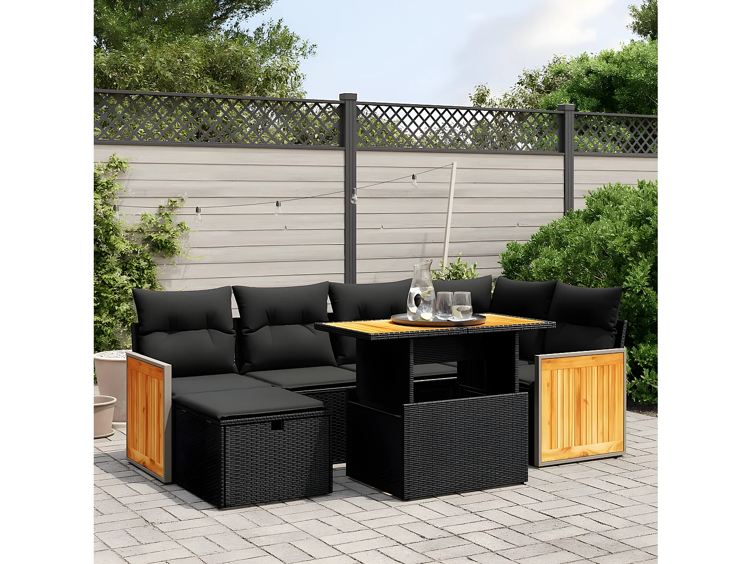 7-tlg. Garten-Sofagarnitur mit Kissen Schwarz Poly Rattan