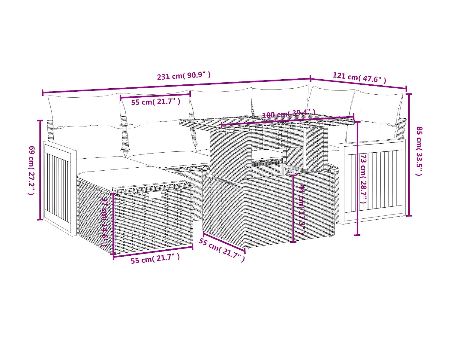 7-tlg. Garten-Sofagarnitur mit Kissen Schwarz Poly Rattan