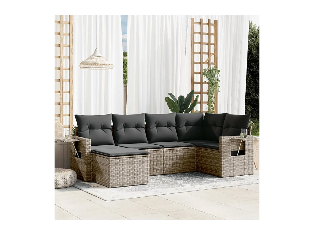6-delige Loungeset met kussens poly rattan grijs