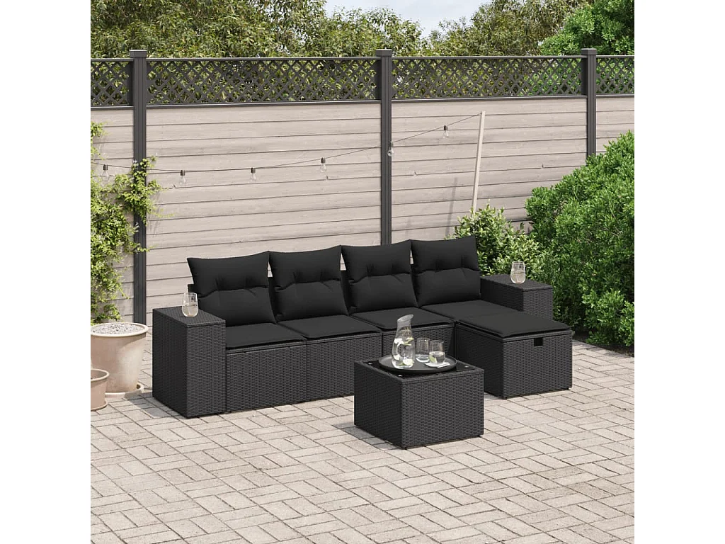 6-tlg. Garten-Sofagarnitur mit Kissen Schwarz Poly Rattan
