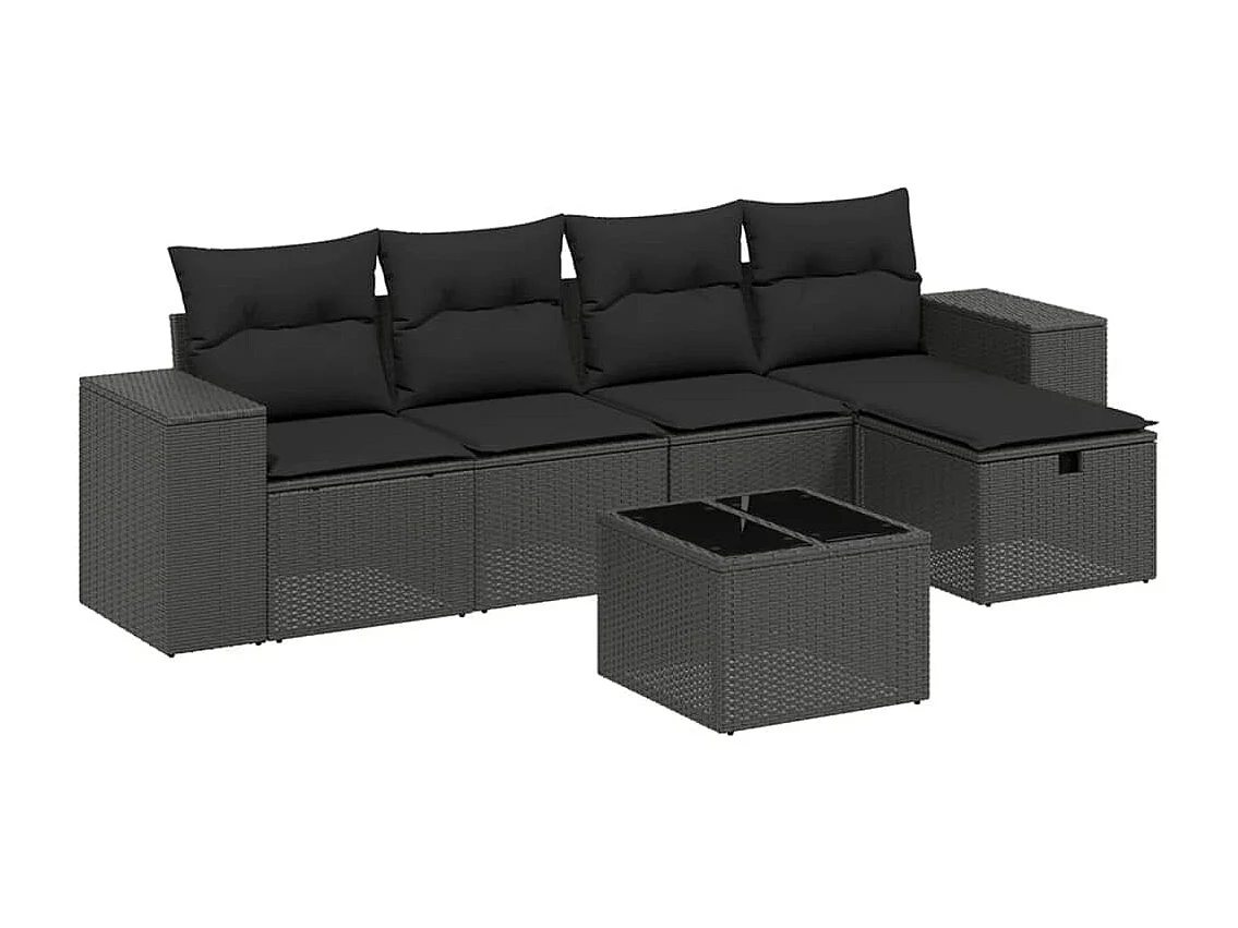 6-tlg. Garten-Sofagarnitur mit Kissen Schwarz Poly Rattan