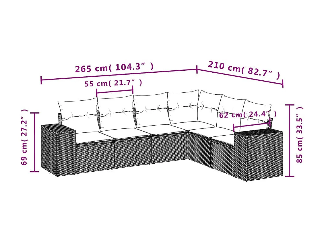 6 pcs conjunto sofás de jardim c/ almofadões vime PE preto