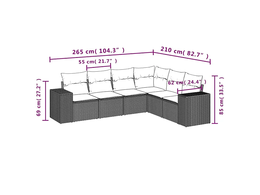 Salon de jardin 6 pcs avec coussins noir résine tressée