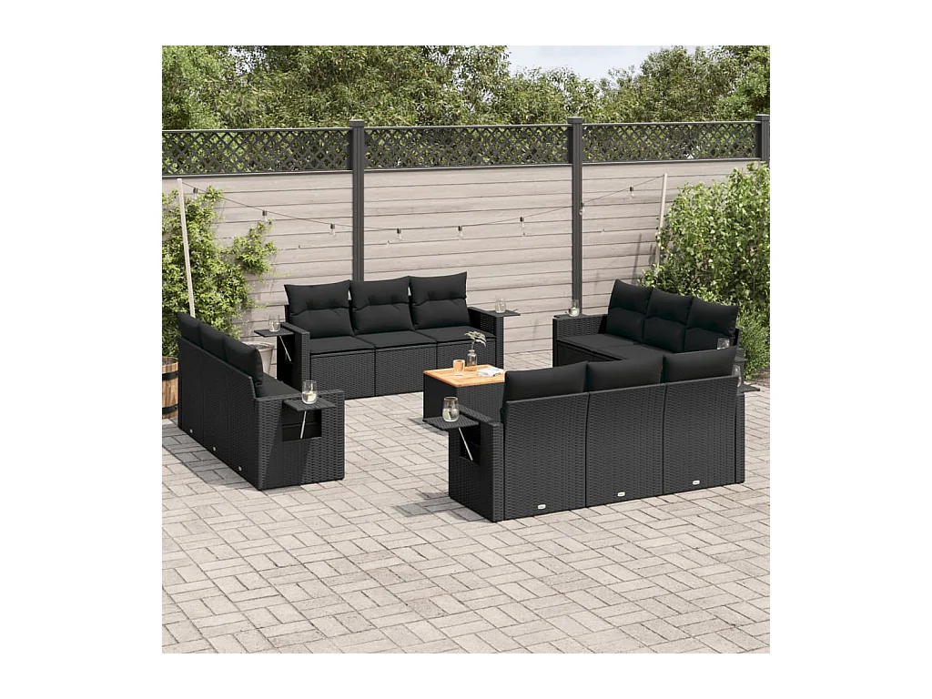 13-delige Loungeset met kussens poly rattan zwart