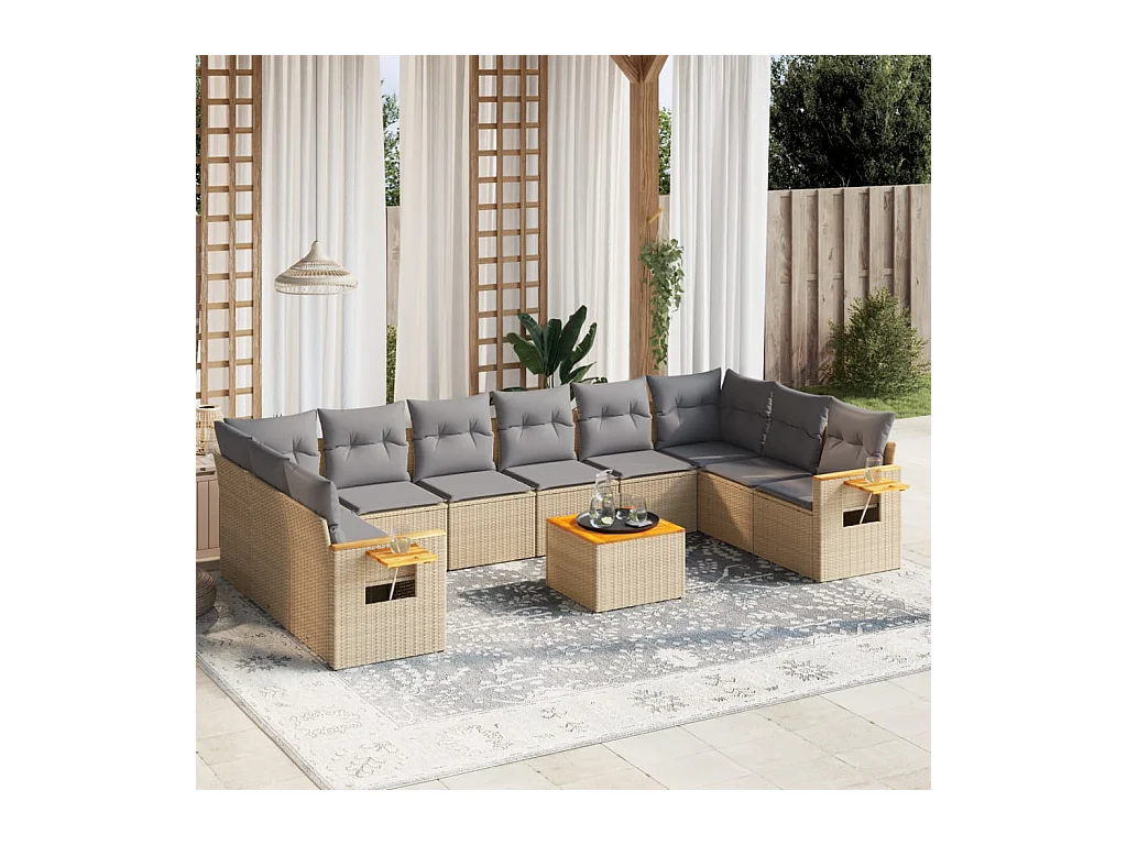 Salon de jardin 11 pcs avec coussins beige résine tressée