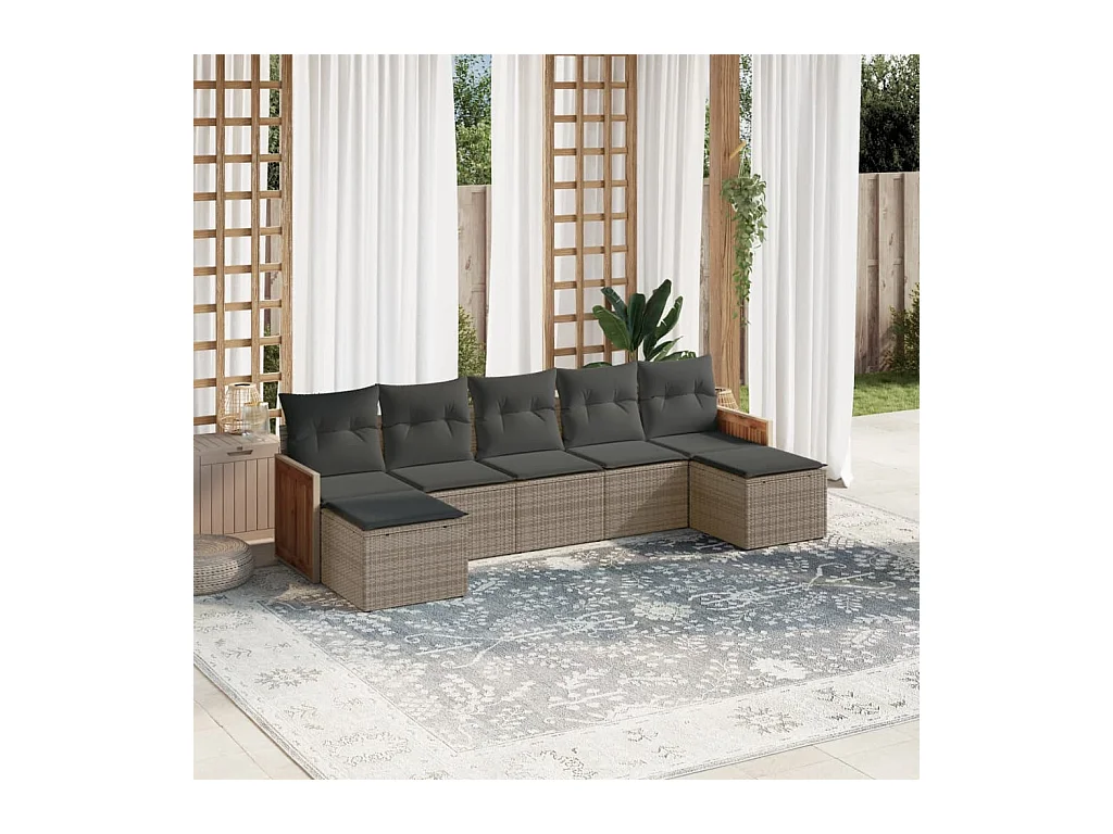 Set de sofás de jardín 7 piezas con cojines ratán PE gris